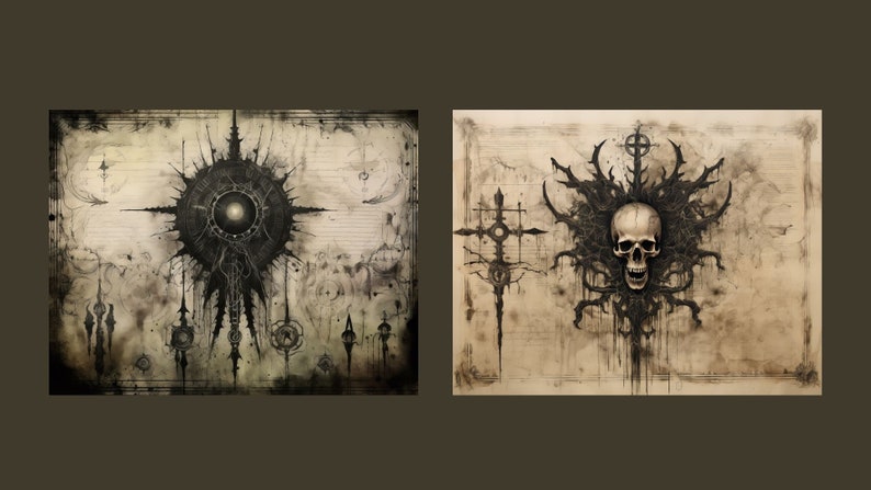 May include: Two black and white illustrations on a parchment background. The first illustration is a circular design with a central eye. The second illustration is a skull with thorns and a cross.