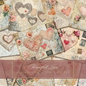 Herzen und Spitze Junk-Journal Kit Vintage Liebesbrief Digitales Papier Scrapbooking Vintage Valentine Blumen Ephemera Schmetterling Journal Seite