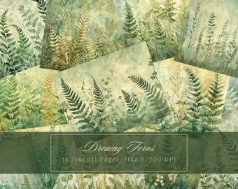 Watercolor Fern Junk Journal Kit Vintage Wild Botanical Green Leaves Forest Journal Digital Paper Scrapbooking Vintage Printable Backgrounds