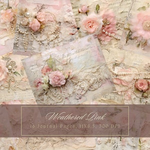 Shabby Chic Junk Journal Kit Roze Vintage Lace Ephemera Collagebladen Afdrukbare Witte Bloem Digitale Papier Scrapbooking Parel Bloemenpagina's