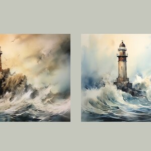 May include: Two watercolor paintings of a lighthouse on a rocky outcropping in the ocean. The first painting shows the lighthouse in calm seas with a light blue sky. The second painting shows the lighthouse in a stormy sea with dark blue and gray clouds.