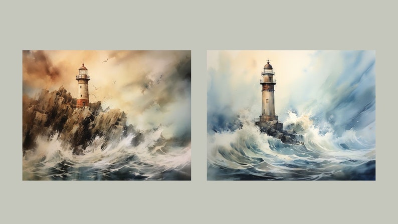 May include: Two watercolor paintings of a lighthouse on a rocky outcropping in the ocean. The first painting shows the lighthouse in calm seas with a light blue sky. The second painting shows the lighthouse in a stormy sea with dark blue and gray clouds.
