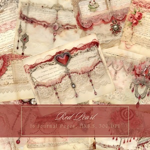 Zestaw dziennika Shabby Chic Junk Red Vintage Lace Ephemera Collage Sheets Printable Beige Flower Digital Paper Scrapbooking Pearl Floral Pages