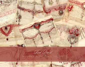 Shabby Chic Junk Journal Kit Red Vintage Lace Ephemera Collage Sheets Printable Beige Flower Digital Paper Scrapbooking Pearl Floral Pages