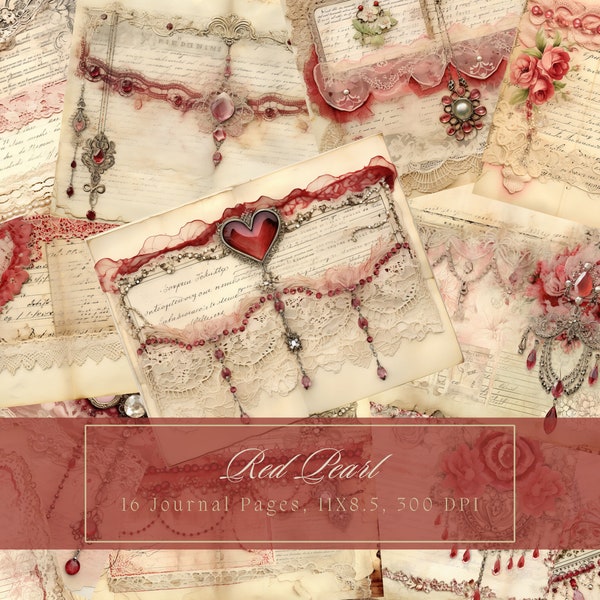 Shabby Chic Junk Journal Kit Red Vintage Lace Ephemera Collage Sheets Printable Beige Flower Digital Paper Scrapbooking Pearl Floral Pages