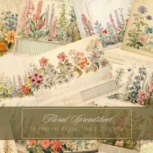 Kit de diário de flores silvestres, diário duplo floral, páginas de flores, papel digital, buquê de scrapbooking, páginas gastas, flores, livro antigo para impressão