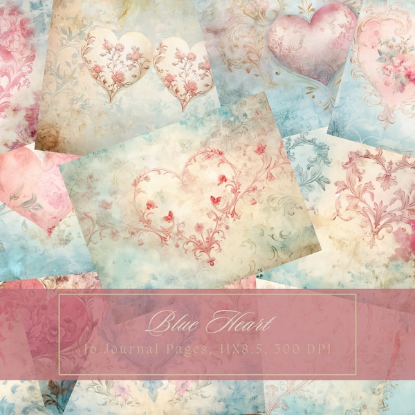 Watercolor Hearts Junk Journal Kit Floral Romance Digital Paper Scrapbooking Vintage Ephemera Romantic Journal Page Valentine Backgrounds