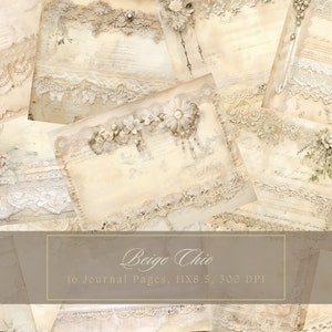 Shabby Chic Junk Journal Kit Beige Vintage Spitze Ephemera Collage Sheets Druckbare weiße Blume Digitales Papier Scrapbooking Perle Blumenseiten