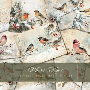 Winter Birds Junk Journal Kit Kerst Vintage Ephemera Digitaal Papier voor Scrapbooking Afdrukbare aquarelpagina's Pastel Shabby Chic