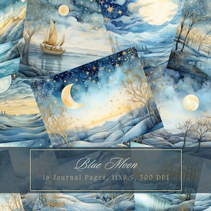 Aquarelle Lune Junk Journal Kit Céleste Journal Pages Ciel Étoilé Papier Numérique Scrapbooking Fantasy Paysage Journal Page Imprimable