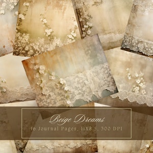 Shabby Chic Junk Journal Kit Beige Vintage Spitze Ephemera Collage Sheets Druckbare Weiße Blume Digitales Papier Scrapbooking Grunge Floral Seite