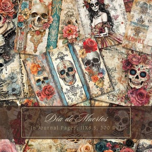 Kit de journal indésirable Dia De Los Muertos, pages imprimables d'Halloween, feuilles de collage festif, papier numérique tête de mort, scrapbooking, éphémères floraux
