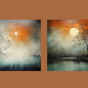 K&ouml;nnte beinhalten: Zwei Gem&auml;lde, die eine neblige, neblige Landschaft mit einem einzelnen Baum im Vordergrund und einem gro&szlig;en, hellen Mond am Himmel zeigen. Das erste Gem&auml;lde hat einen warmen orangenen Himmel und das zweite Gem&auml;lde hat einen k&uuml;hlen blauen Himmel.