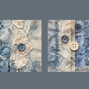 May include: Two fabric squares with a patchwork design featuring blue denim, white lace, and beige fabric. The fabric squares are decorated with buttons and have a vintage aesthetic.