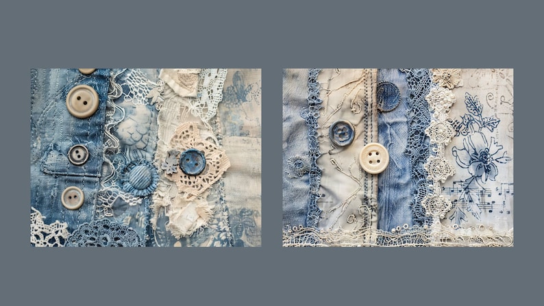 May include: Two fabric squares with a patchwork design featuring blue denim, white lace, and beige fabric. The fabric squares are decorated with buttons and have a vintage aesthetic.