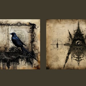 May include: Two vintage-style illustrations on aged paper. The left image features a black crow perched on a branch with a clock face and a handwritten page in the background. The right image shows a stylized eye with a triangle and geometric shapes, surrounded by handwritten text.