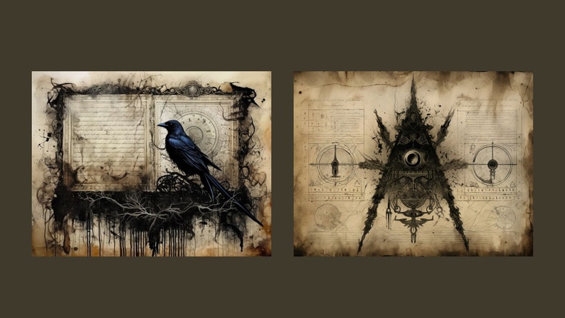 May include: Two vintage-style illustrations on aged paper. The left image features a black crow perched on a branch with a clock face and a handwritten page in the background. The right image shows a stylized eye with a triangle and geometric shapes, surrounded by handwritten text.