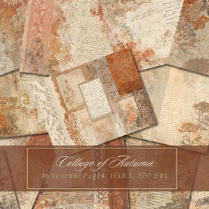 Può includere: Un insieme di dieci pagine di diario dall'estetica vintage. Le pagine presentano un collage di texture, tra cui carta invecchiata, disegni floreali e scritte a mano in tonalità marrone, beige e arancione. Il testo "Collage of Autumn" è visualizzato su uno striscione marrone.