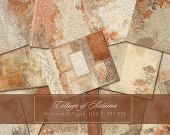 Shabby-Autumn-Junk-Journal-Set: Herbstseiten mit trockenem Laub, druckbares Spitzenpapier, digitale Scrapbooking-Collage-Blätter, Vintage-Ephemera