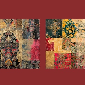 Puede incluir: Dos paneles de tela de patchwork coloridos con intrincados patrones florales y texturas descoloridas. Los paneles est&aacute;n hechos de diferentes telas cosidas juntas en un patr&oacute;n aleatorio. Los colores son principalmente apagados, con tonos de marr&oacute;n, dorado, rojo y verde.