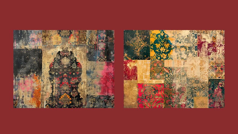 Puede incluir: Dos paneles de tela de patchwork coloridos con intrincados patrones florales y texturas descoloridas. Los paneles est&aacute;n hechos de diferentes telas cosidas juntas en un patr&oacute;n aleatorio. Los colores son principalmente apagados, con tonos de marr&oacute;n, dorado, rojo y verde.