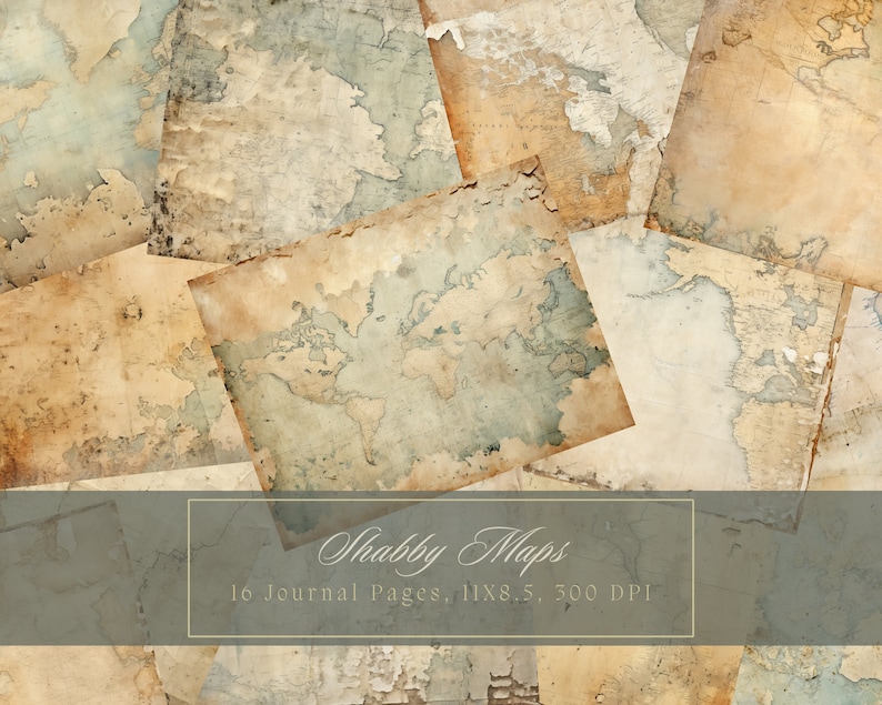 May include: A set of 16 digital journal pages featuring vintage world maps with a distressed, aged look. The pages are 11x8.5 inches and 300 DPI. "Shabby Maps" is written in a decorative font at the bottom of the image.