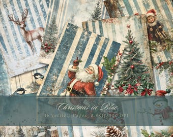 May include: A digital paper pack with 10 vertical pages featuring a Christmas theme. The pages are decorated with blue and white stripes, and feature images of a deer, Santa Claus, a Christmas tree, a snowman, and birds. The text "Christmas in Blue" is displayed on the bottom of the image.