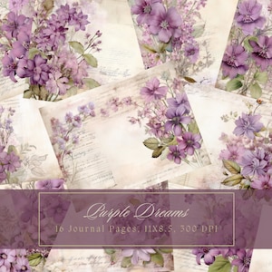 Purple Flowers Junk Journal Kit Vintage Ephemera Watercolor Floral Page Digital Paper Victorian Stationery Printable Mixed Media Shabby Chic