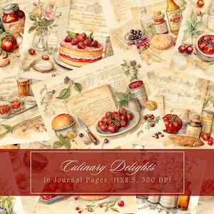 Vintage Kochbuch Junk Journal kit Aquarell Lebensmittel Seite Kochen Digitales Papier für Scrapbooking Altes Rezept Journal Printable Küche Ephemera