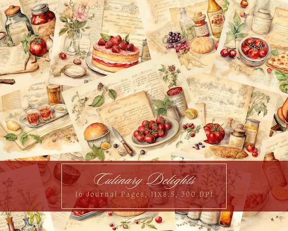 Vintage Cookbook Junk Journal kit Watercolor Food Page Cooking Digital Paper for Scrapbooking Old Recipe Journal Printable Kitchen Ephemera