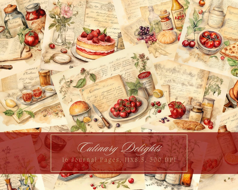 May include: A collage of 16 journal pages featuring watercolour illustrations of various culinary delights, including fruit, vegetables, baked goods, and jars of preserves. The pages are decorated with handwritten text and vintage-inspired designs. The text at the bottom reads "Culinary Delights 16 Journal Pages, 11X8.5, 300 DPI".