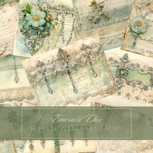 Shabby Chic Junk Journal Kit Verde Vintage Encaje Ephemera Collage Hojas Imprimibles Beige Flor Papel Digital Scrapbooking Perla Floral Páginas