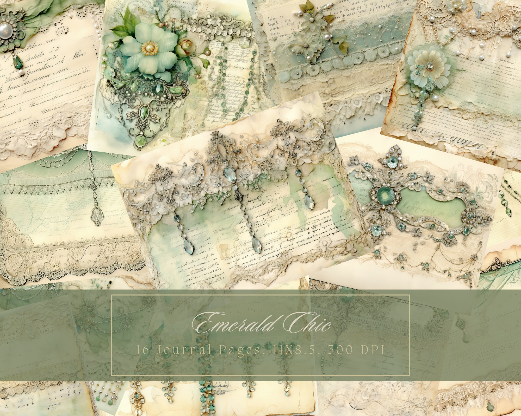 Shabby Chic Junk Journal Kit Green Vintage Lace Ephemera Collage Sheets ...