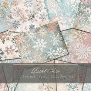 May include: Ten digital paper backgrounds featuring a pastel blue and pink color scheme with white snowflake designs. The text "Pastel Snow" and "10 Journal Pages, 11x8.5, 300 DPI" is included in the image.