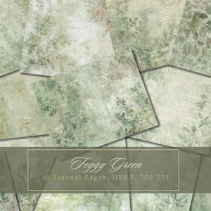 Puede incluir: Una colección de dieciséis páginas de diario de 11x8,5 pulgadas con una estética verde brumosa. Las páginas presentan un diseño vintage con ilustraciones botánicas y escritura a mano. La paleta de colores general es verde apagado y beige.