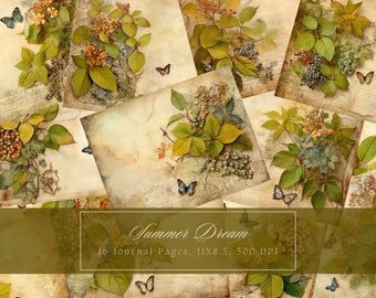 Kit di diario spazzatura foglie verdi Diario effimero vintage ispirato alla primavera Carta digitale Scrapbooking Fogli di collage stampabili Download immediato