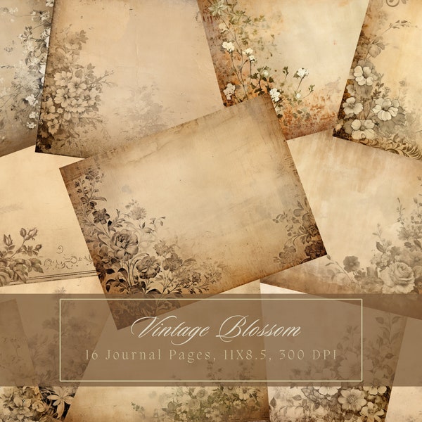 Vintage Paper Texture Blank Page Junk Journal Kit Shabby Aged Digital Paper for Scrapbooking Distressed Floral Pages Antique Backgrounds