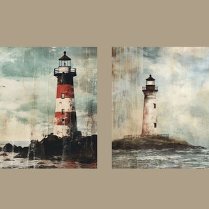 May include: Two lighthouses stand tall on rocky islands, with a cloudy sky and choppy water in the background. The lighthouses are painted white with red stripes and have black roofs.