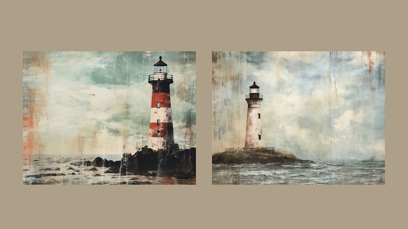 May include: Two lighthouses stand tall on rocky islands, with a cloudy sky and choppy water in the background. The lighthouses are painted white with red stripes and have black roofs.