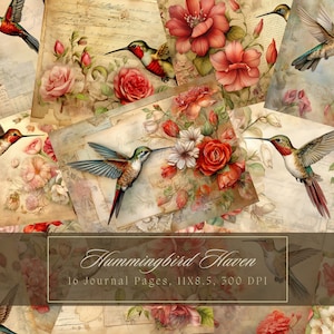 Kit de diário de lixo de beija-flores e flores, diário vintage de itens efêmeros, papel digital para scrapbooking, folhas de colagem para impressão, download instantâneo
