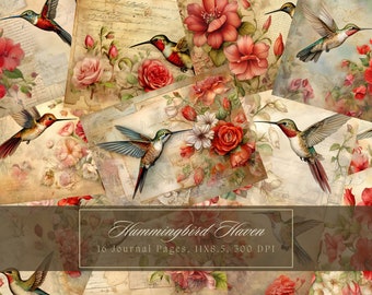 Hummingbirds and Flowers Junk Journal Kit Vintage Ephemera Journal Digital Paper for Scrapbooking Printable Collage Sheets Instant Download