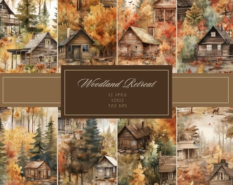Cabin in the Woods Digital Paper Set Seamless Pattern Watercolor Landscape Camping Digital Print Cabincore Scrapbooking Instant Download