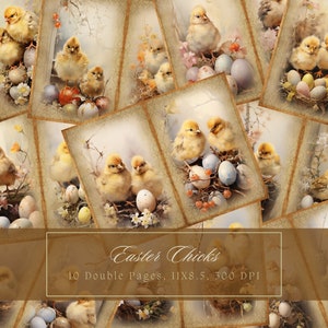 Ostern Chicks Junk Journal Kit Ostereier Vintage Ephemera Bunny Journal digitales Papier für Scrapbooking Kaninchen Aquarell druckbare Seiten