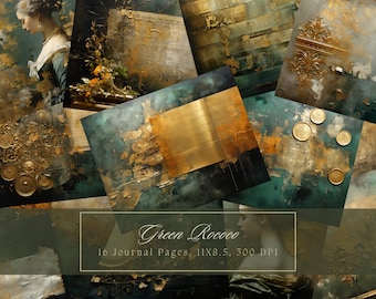 Green Rococo Junk Journal Kit Shabby Gold Antique Paper Texture Grunge Paper Scrapbooking Vintage Ephemera Shabby Chic Journal Floral Boho