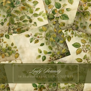 Kit di diario spazzatura foglia verde. Bellissimo diario botanico vintage, carta digitale per scrapbooking, diario da giardino con pagine squallide stampabili grunge