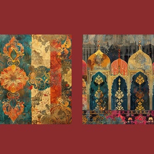 Puede incluir: Dos impresiones de arte digital coloridas que presentan patrones y dise&ntilde;os intrincados inspirados en la arquitectura y los textiles indios. La primera impresi&oacute;n presenta un patr&oacute;n repetitivo de motivos florales y formas geom&eacute;tricas en tonos de azul, naranja, amarillo y rojo. La segunda impresi&oacute;n presenta una fila de arcos con detalles ornamentados en tonos de oro, azul y rojo.
