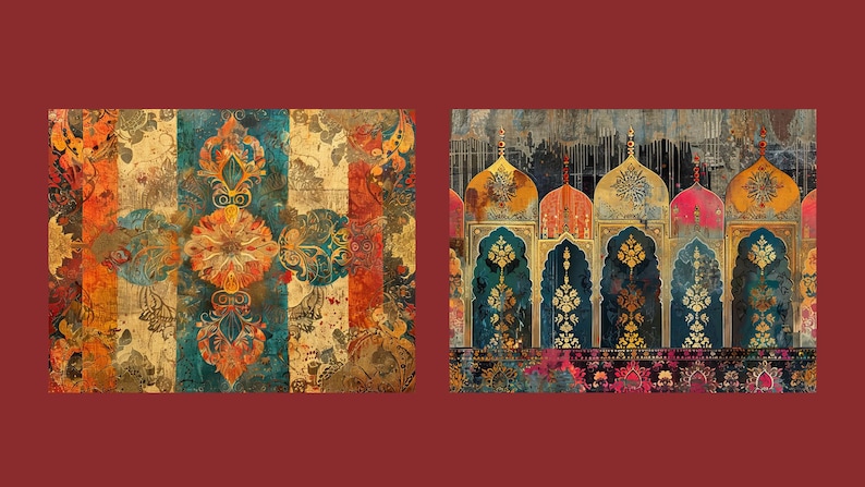 Puede incluir: Dos impresiones de arte digital coloridas que presentan patrones y dise&ntilde;os intrincados inspirados en la arquitectura y los textiles indios. La primera impresi&oacute;n presenta un patr&oacute;n repetitivo de motivos florales y formas geom&eacute;tricas en tonos de azul, naranja, amarillo y rojo. La segunda impresi&oacute;n presenta una fila de arcos con detalles ornamentados en tonos de oro, azul y rojo.