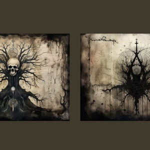 May include: Two black and white illustrations of a tree with a skull at the top. The tree is surrounded by a circle and lines. The background is a faded parchment with writing.