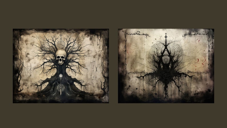 May include: Two black and white illustrations of a tree with a skull at the top. The tree is surrounded by a circle and lines. The background is a faded parchment with writing.