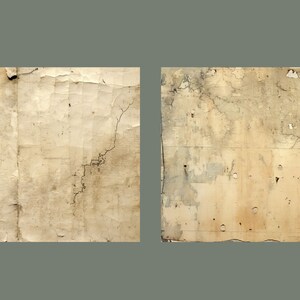 May include: Two pieces of old, worn, and faded paper with visible cracks and tears. The paper is a light beige color with a slight yellow tint. The paper has a rough texture and appears to be very old.